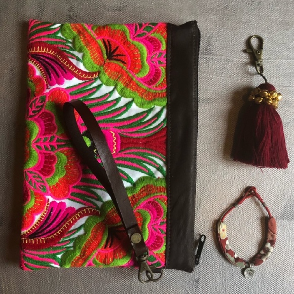 Leather & Embroidered boho floral wristlet purse